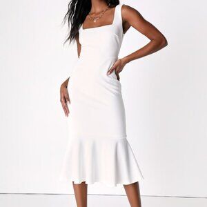 Lulus Moment Maker White Square Neck Trumpet Midi Dress - Size L
